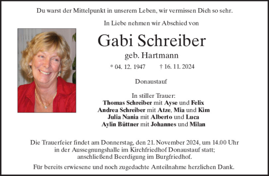 Traueranzeige von Gabi Schreiber von Mittelbayerische Zeitung Regensburg