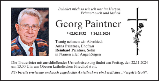 Traueranzeige von Georg Paintner von Mittelbayerische Zeitung Regensburg