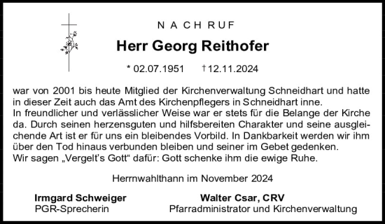 Traueranzeige von Georg Reithofer von Mittelbayerische Zeitung Kelheim