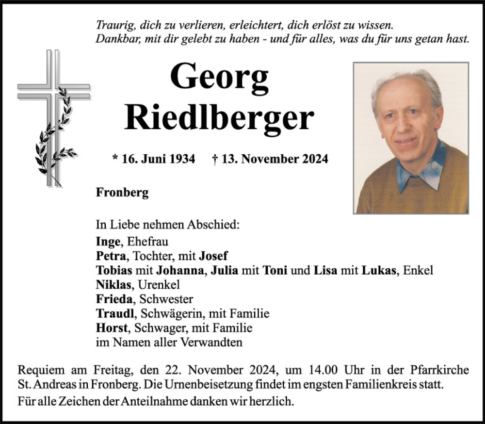  Traueranzeige für Georg Riedlberger vom 20.11.2024 aus Mittelbayerische Zeitung Schwandorf