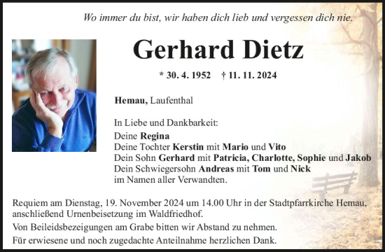 Traueranzeige von Gerhard Dietz von Mittelbayerische Zeitung Regensburg