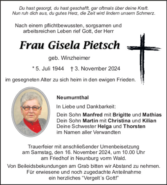 Traueranzeige von Gisela Pietsch von Mittelbayerische Zeitung Schwandorf