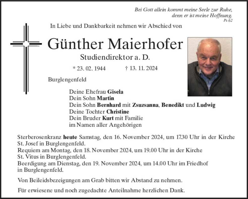  Traueranzeige für Günther Maierhofer vom 16.11.2024 aus Mittelbayerische Zeitung Schwandorf