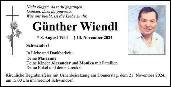 Traueranzeige von Günther Wiendl von Mittelbayerische Zeitung Schwandorf