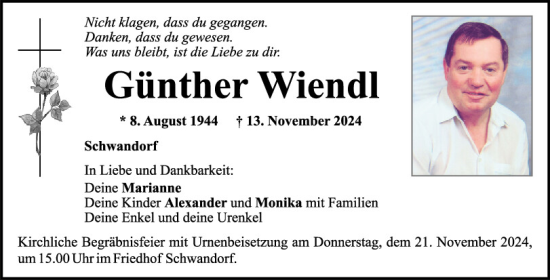 Traueranzeige von Günther Wiendl von Mittelbayerische Zeitung Regensburg