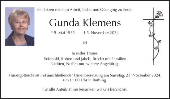 Traueranzeige von Gunda Klemens von Mittelbayerische Zeitung Regensburg