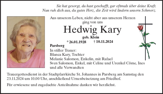 Traueranzeige von Hedwig Kary von Neumarkter Tagblatt