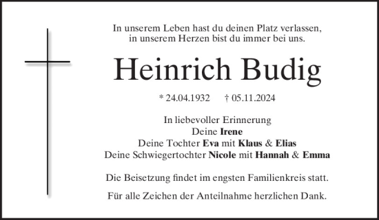 Traueranzeige von Heinrich Budig von Mittelbayerische Zeitung Regensburg