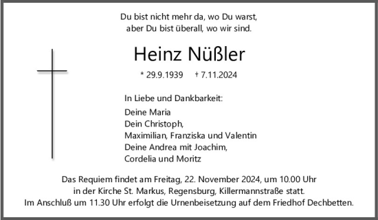 Traueranzeige von Heinz Nüßler von Mittelbayerische Zeitung Regensburg