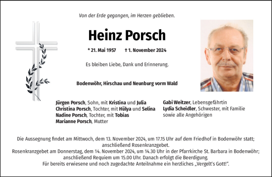 Traueranzeige von Heinz Porsch von Mittelbayerische Zeitung Schwandorf