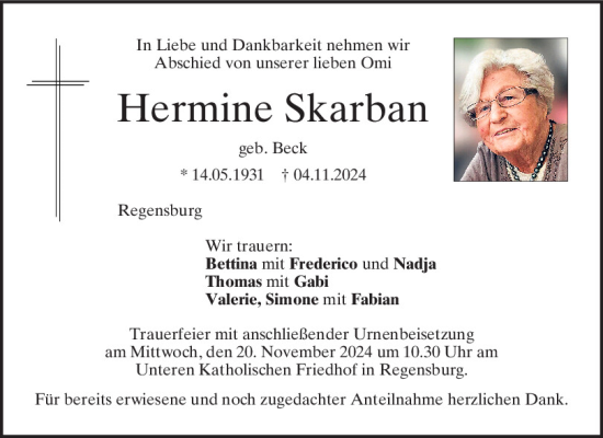 Traueranzeige von Hermine Skarban von Mittelbayerische Zeitung Regensburg