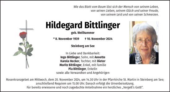 Traueranzeige von Hildegard Bittlinger von Mittelbayerische Zeitung Schwandorf