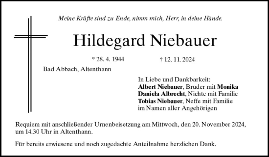 Traueranzeige von Hildegard Niebauer von Mittelbayerische Zeitung Regensburg