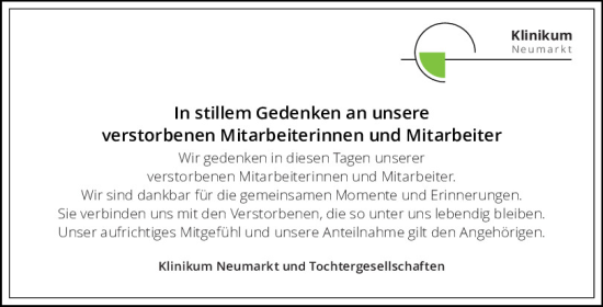 Traueranzeige von In stillem Gedenken an unsere verstorbenen Mitarbeiterinnen und Mitarbeiter  von Neumarkter Tagblatt