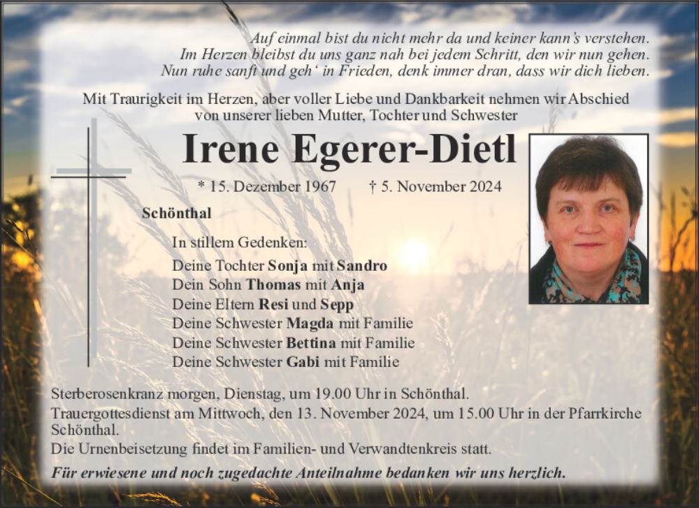  Traueranzeige für Irene Egerer-Dietl vom 11.11.2024 aus Bayerwald Echo