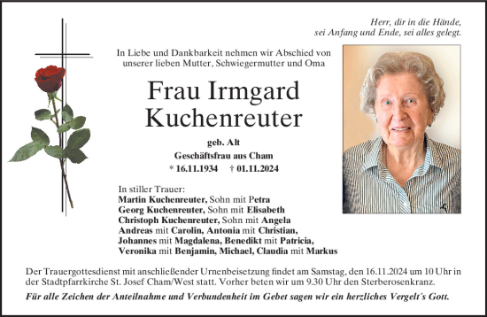 Traueranzeige von Irmgard Kuchenreuter von Bayerwald Echo