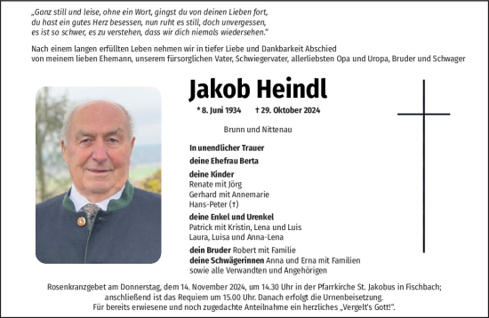 Traueranzeige von Jakob Heindl von Mittelbayerische Zeitung Schwandorf