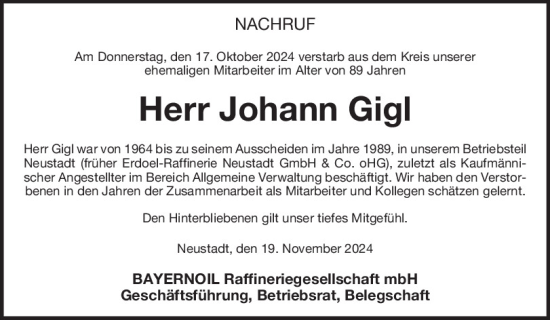 Traueranzeige von Johann Gigl von Mittelbayerische Zeitung Kelheim