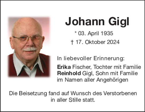 Traueranzeige von Johann Gigl von Mittelbayerische Zeitung Kelheim