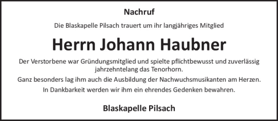 Traueranzeige von Johann Haubner von Neumarkter Tagblatt