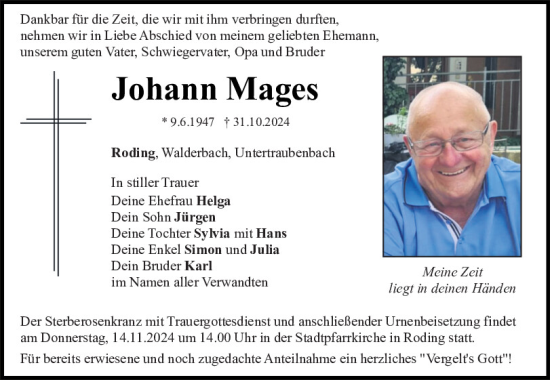 Traueranzeige von Johann Mages von Bayerwald Echo