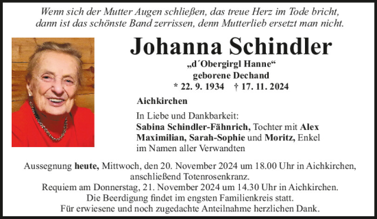 Traueranzeige von Johanna Schindler von Mittelbayerische Zeitung Regensburg