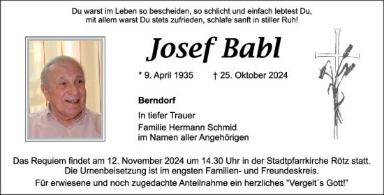 Traueranzeige von Josef Babl von Bayerwald Echo