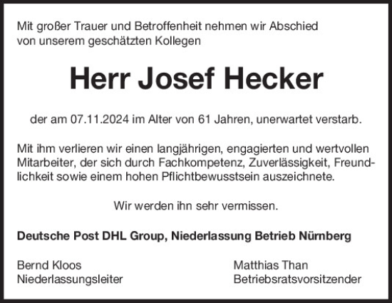 Traueranzeige von Josef Hecker von Neumarkter Tagblatt