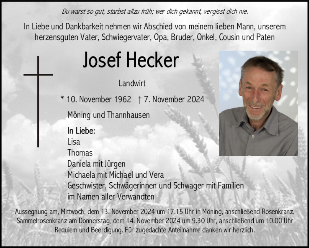  Traueranzeige für Josef Hecker vom 12.11.2024 aus Neumarkter Tagblatt