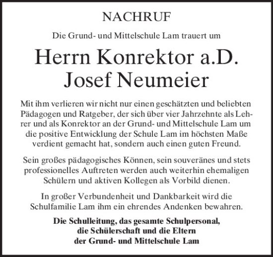 Traueranzeige von Josef Neumeier von Bayerwald Echo