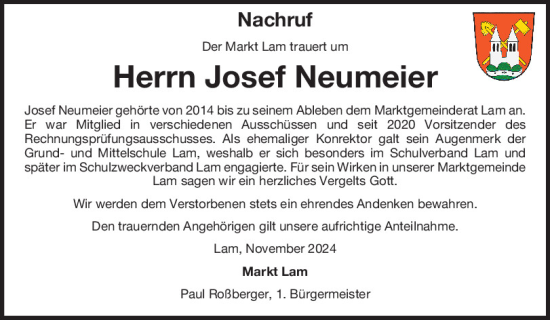 Traueranzeige von Josef Neumeier von Bayerwald Echo