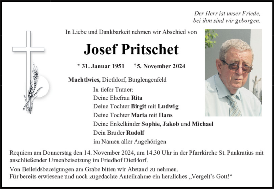 Traueranzeige von Josef Pritschet von Mittelbayerische Zeitung Schwandorf