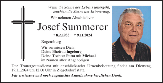 Traueranzeige von Josef Summerer von Mittelbayerische Zeitung Regensburg