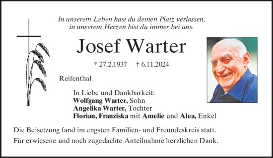 Traueranzeige von Josef Warter von Mittelbayerische Zeitung Regensburg