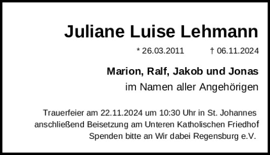 Traueranzeige von Juliane  Lehmann von Mittelbayerische Zeitung Regensburg