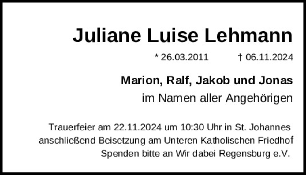  Traueranzeige für Juliane  Lehmann vom 19.11.2024 aus Mittelbayerische Zeitung Regensburg