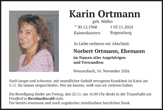 Traueranzeige von Karin Ortmann von Mittelbayerische Zeitung Regensburg