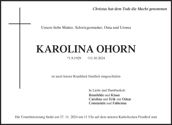 Traueranzeige von Karolina Ohorn von Mittelbayerische Zeitung Regensburg