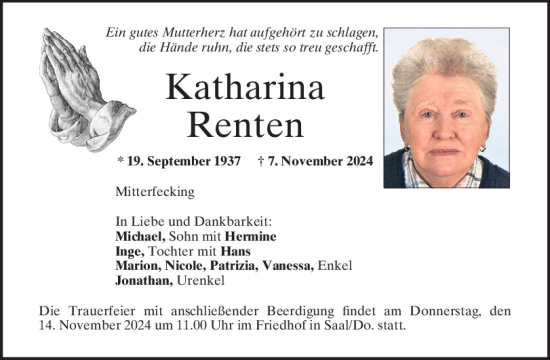 Traueranzeige von Katharina Renten von Mittelbayerische Zeitung Kelheim