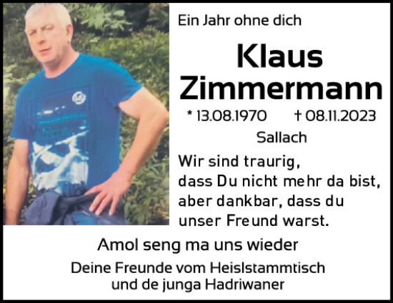 Traueranzeige von Klaus Zimmermann von Bayerwald Echo