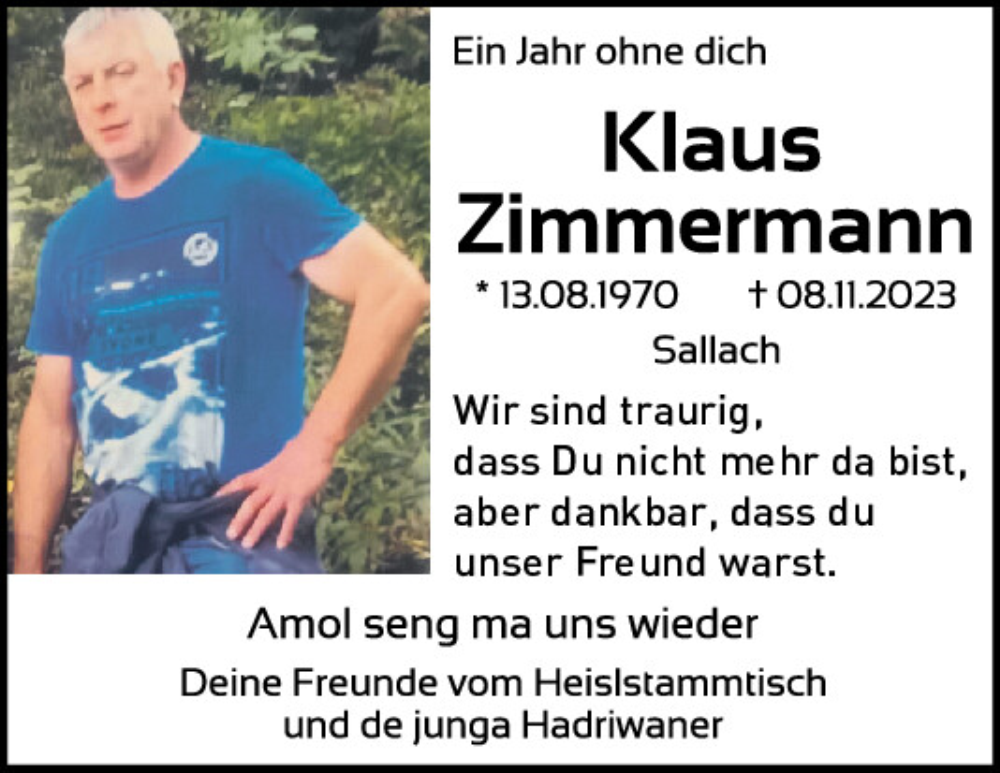  Traueranzeige für Klaus Zimmermann vom 08.11.2024 aus Bayerwald Echo