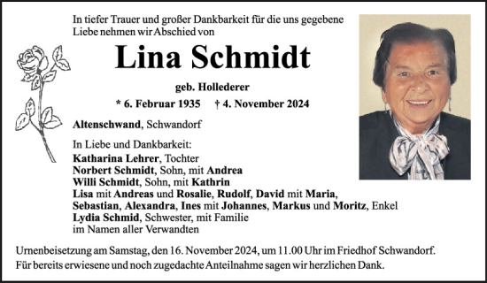 Traueranzeige von Lina Schmidt von Mittelbayerische Zeitung Schwandorf