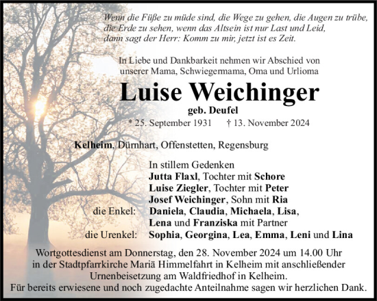 Traueranzeige von Luise Weichinger von Mittelbayerische Zeitung Kelheim