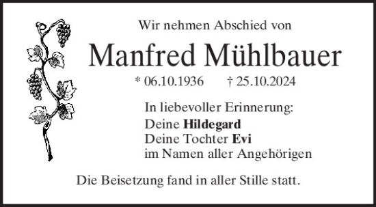 Traueranzeige von Manfred Mühlbauer von Mittelbayerische Zeitung Regensburg