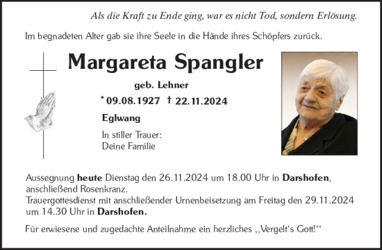 Traueranzeige von Margareta Spangler von Neumarkter Tagblatt