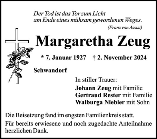 Traueranzeige von Margaretha Zeug von Mittelbayerische Zeitung Schwandorf