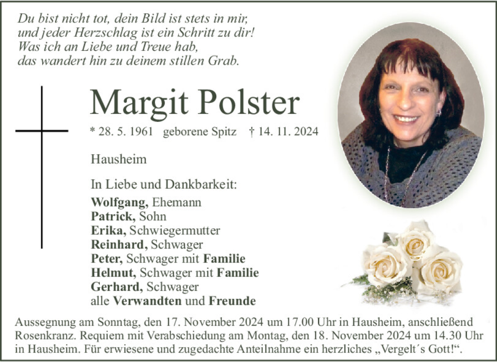  Traueranzeige für Margit Polster vom 16.11.2024 aus Neumarkter Tagblatt