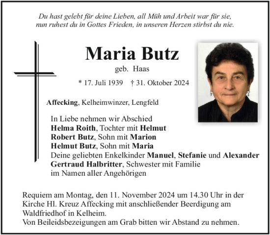 Traueranzeige von Maria Butz von Mittelbayerische Zeitung Kelheim