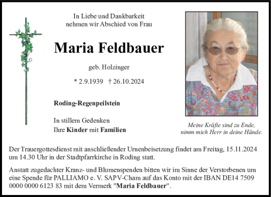 Traueranzeige von Maria Feldbauer von Bayerwald Echo