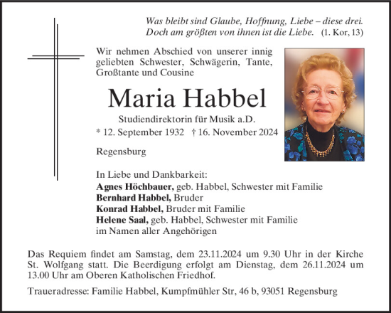 Traueranzeige von Maria Habbel von Mittelbayerische Zeitung Regensburg